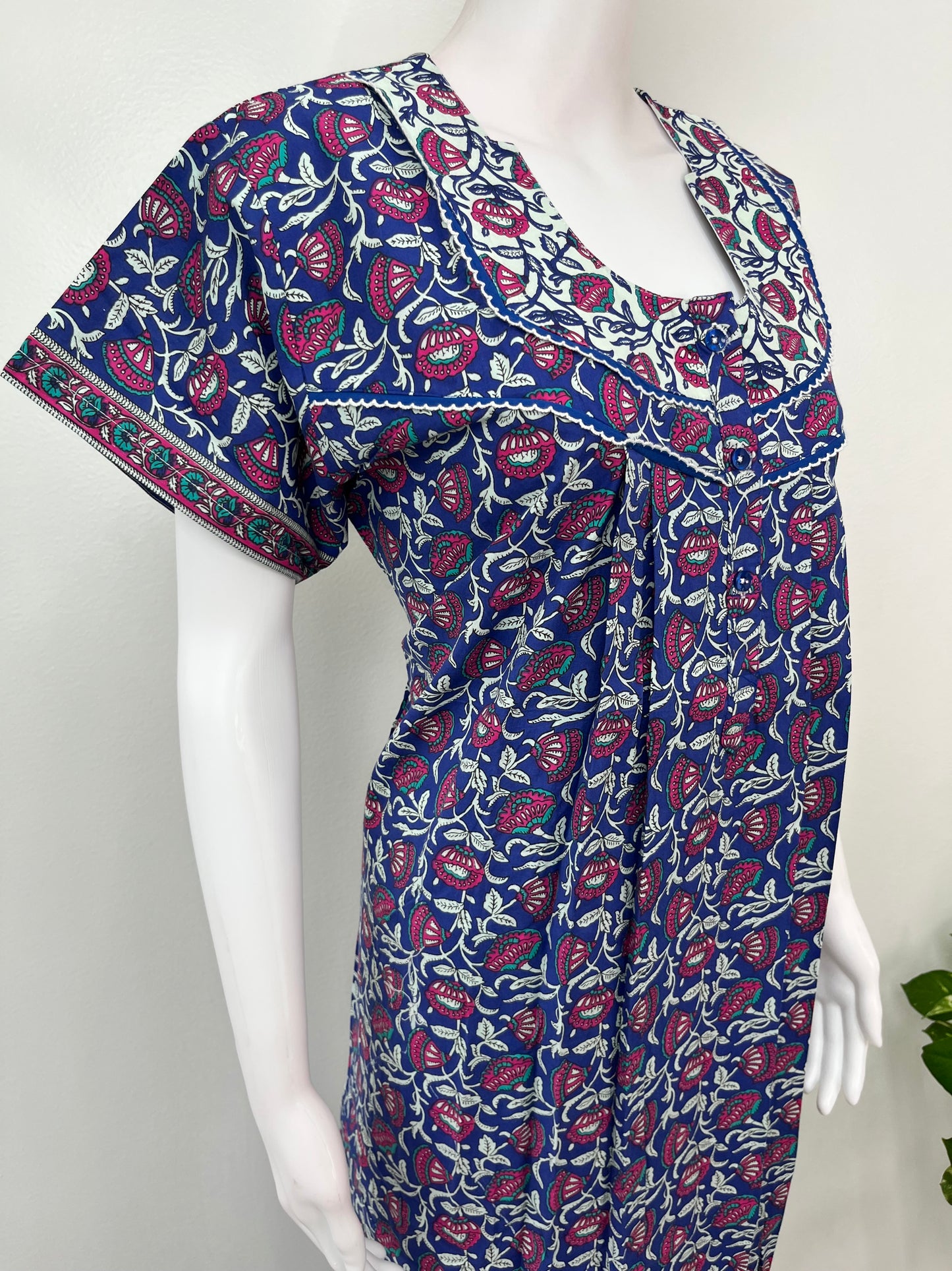 Navy Blue Floral Printed Cotton Nighty