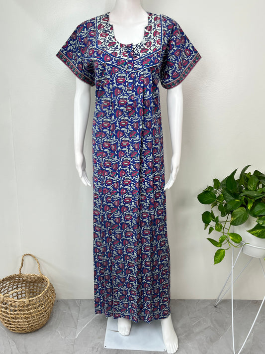 Navy Blue Floral Printed Cotton Nighty