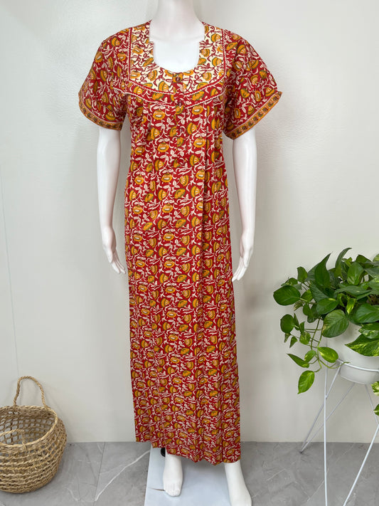 Red Floral 100% Cotton Nighty for Women
