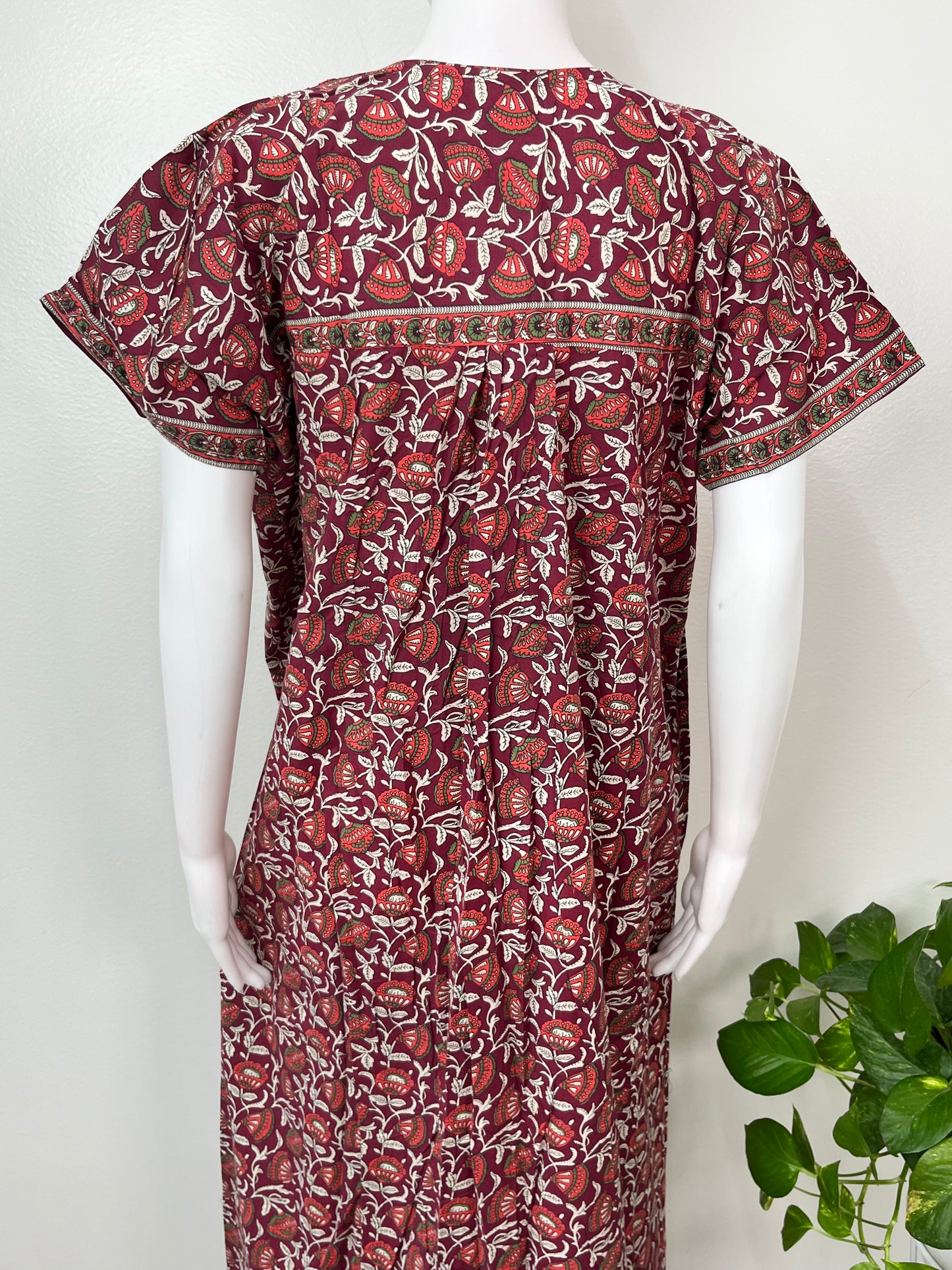 Maroon Pleated Cotton Nightgown Elegant & Comfortable