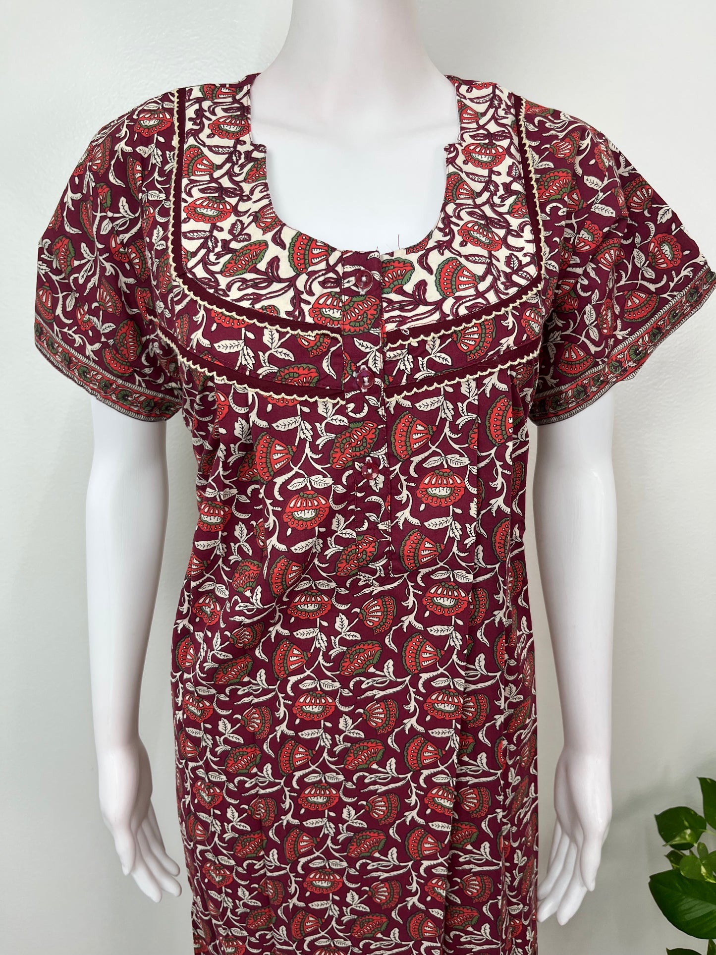Maroon Pleated Cotton Nightgown Elegant & Comfortable