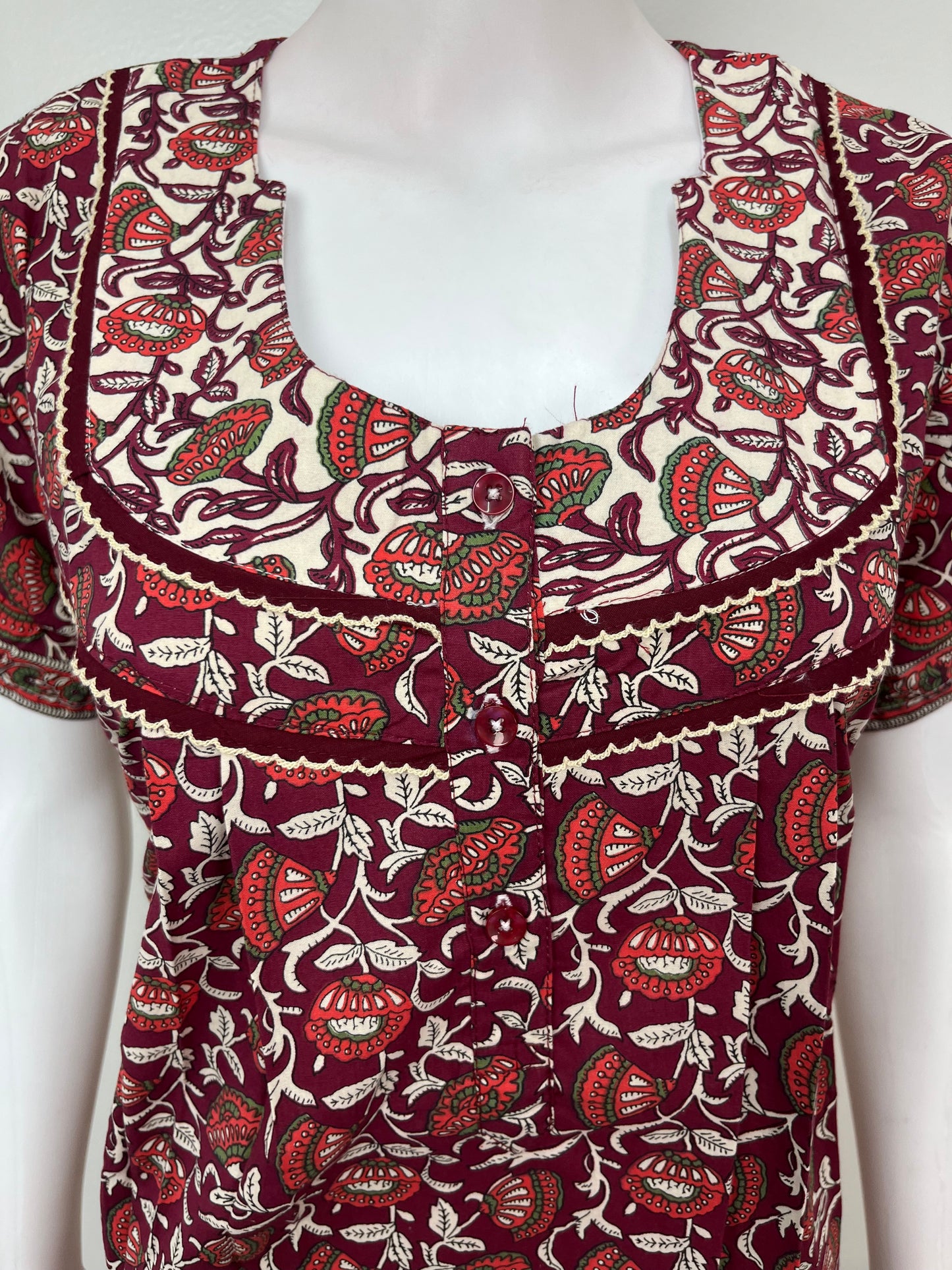 Maroon Pleated Cotton Nightgown Elegant & Comfortable
