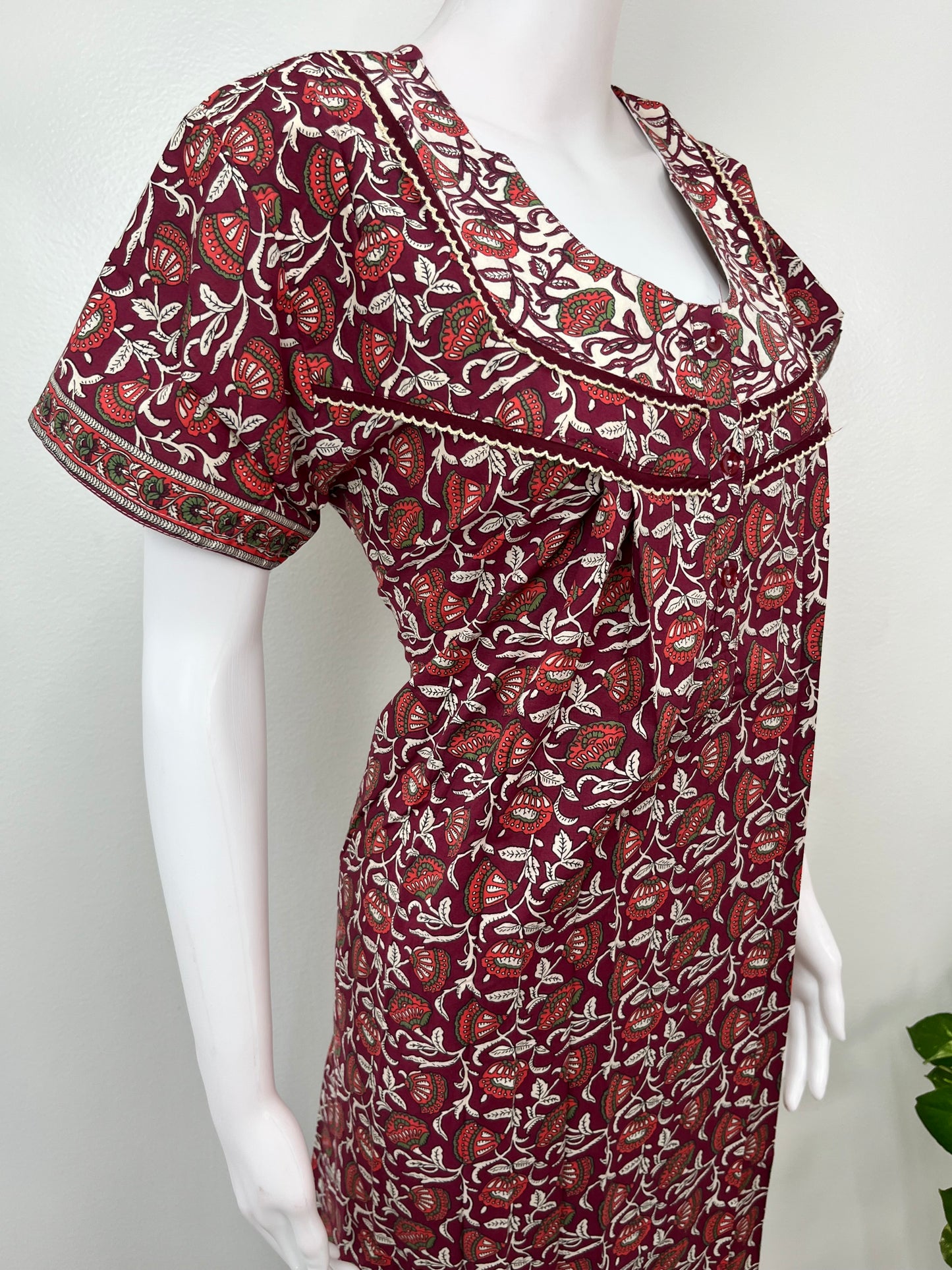 Maroon Pleated Cotton Nightgown Elegant & Comfortable
