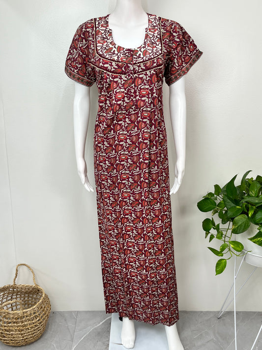 Maroon Pleated Cotton Nightgown Elegant & Comfortable