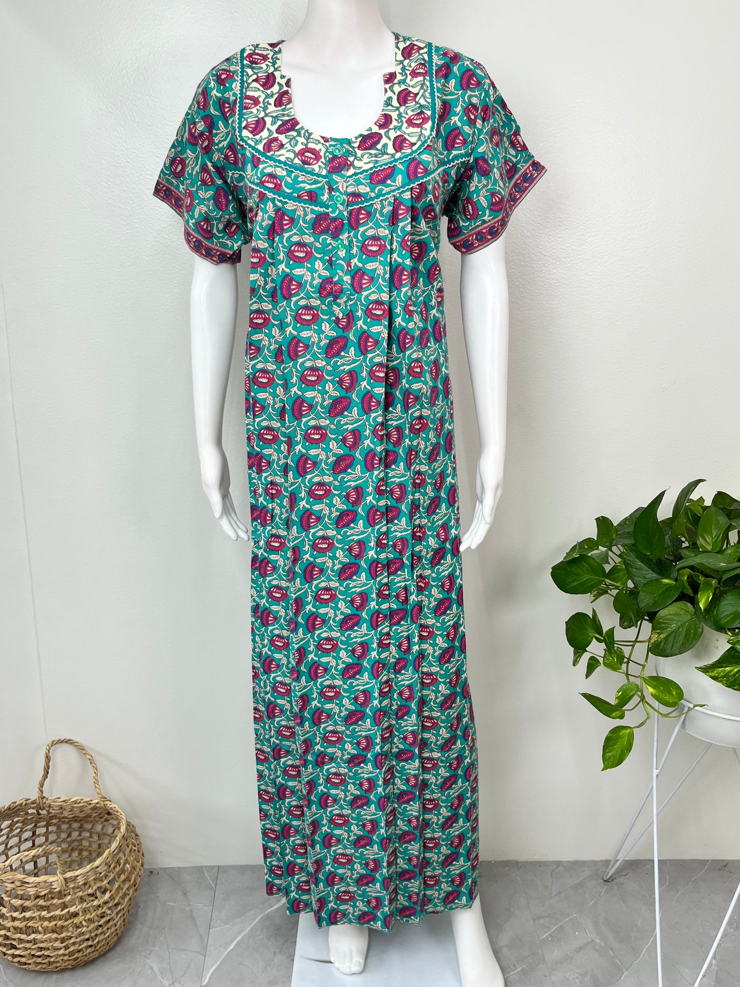 Sea Green Floral Printed Cotton Nightgown