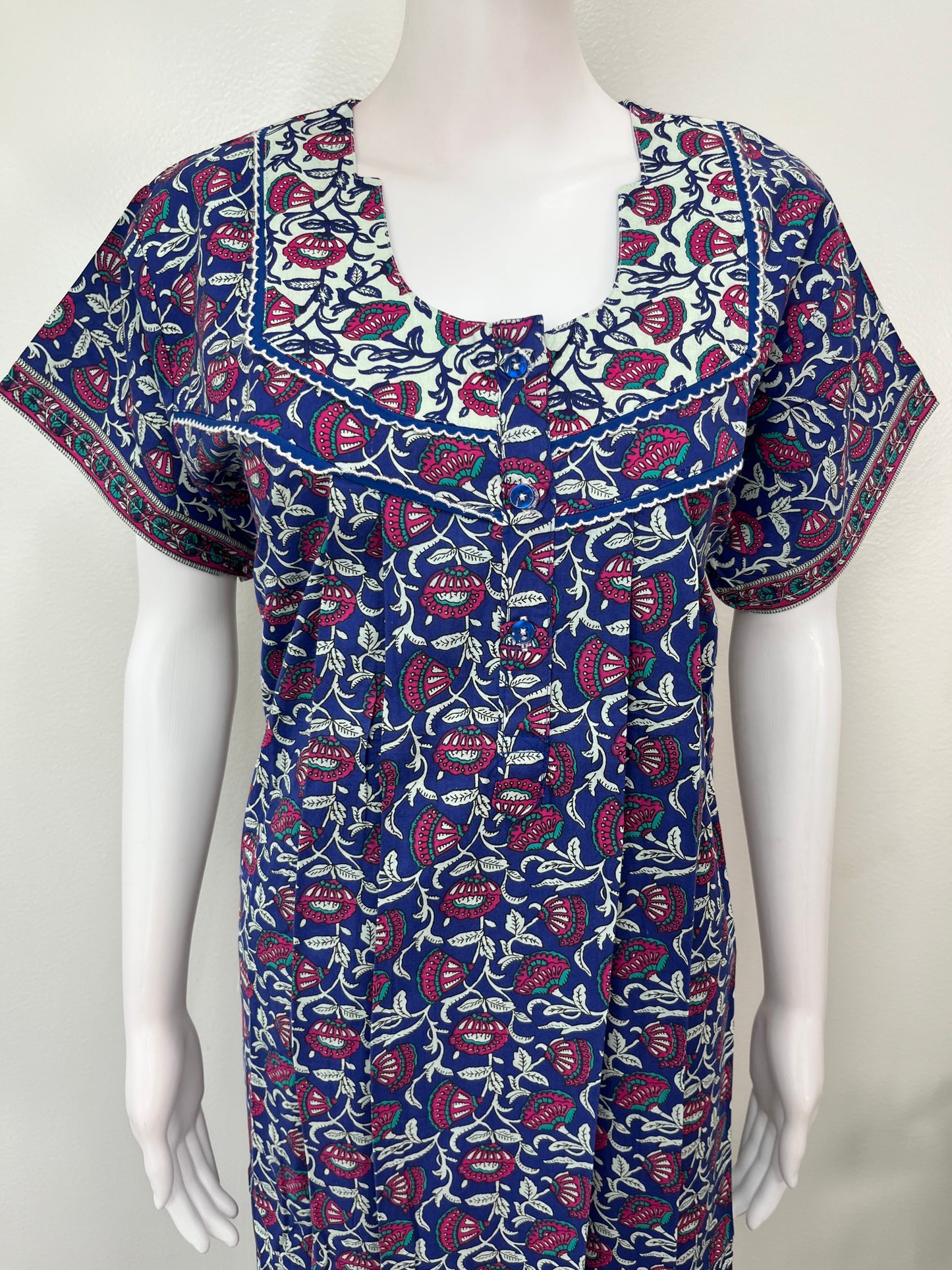 Navy Blue Floral Printed Cotton Nighty