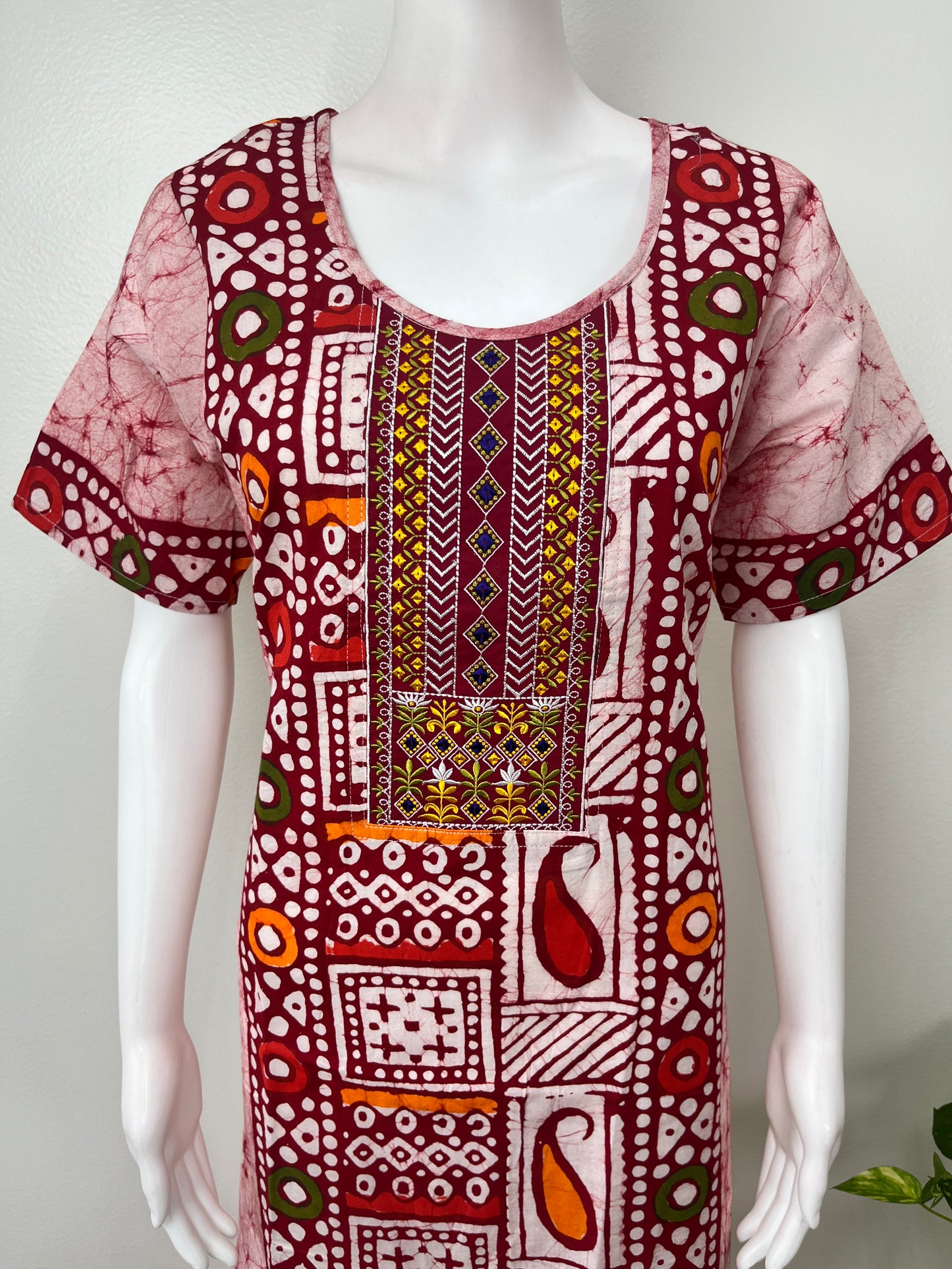 Red Batik Pure Cotton Embroidered Nighty