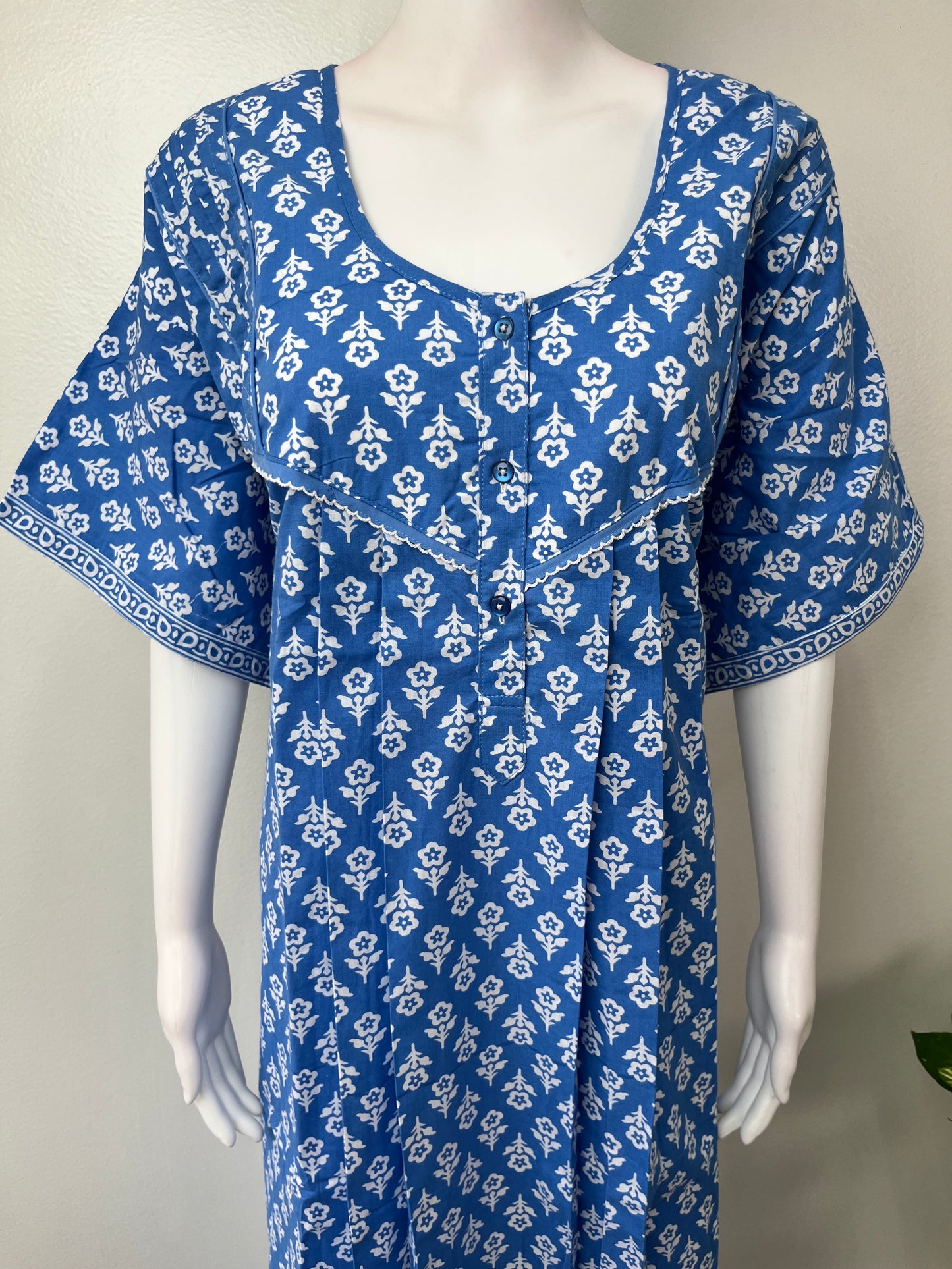 Blue Pleated 100% Cotton Women's Nighty
