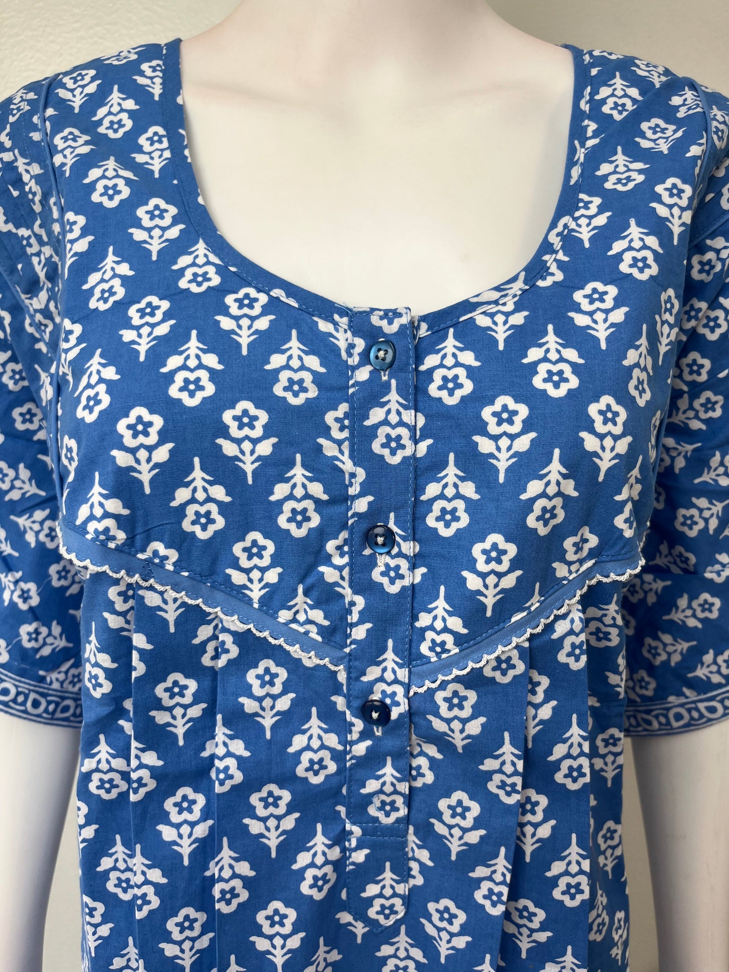 Blue Pleated 100% Cotton Women's Nighty