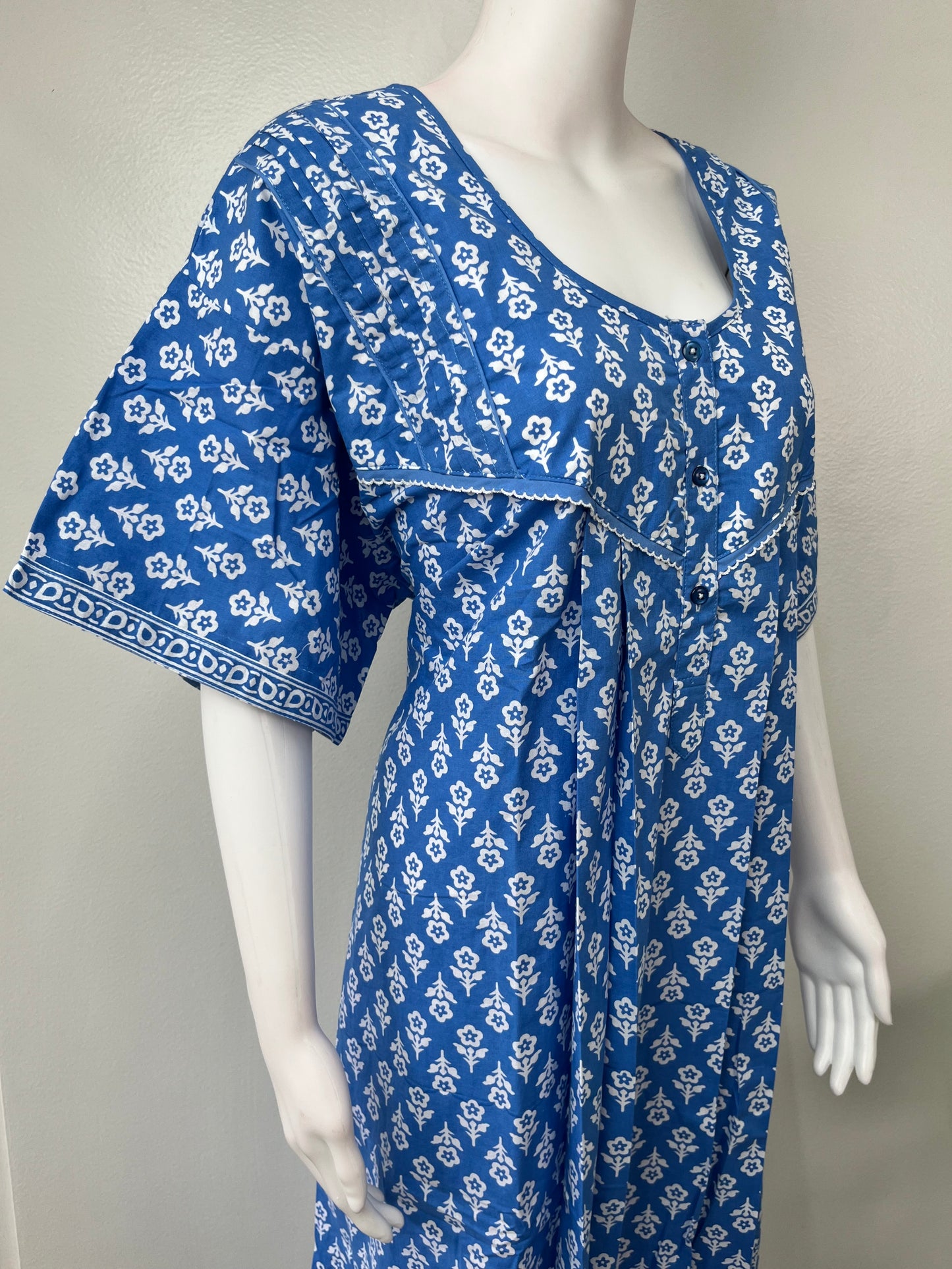 Blue Pleated 100% Cotton Women's Nighty