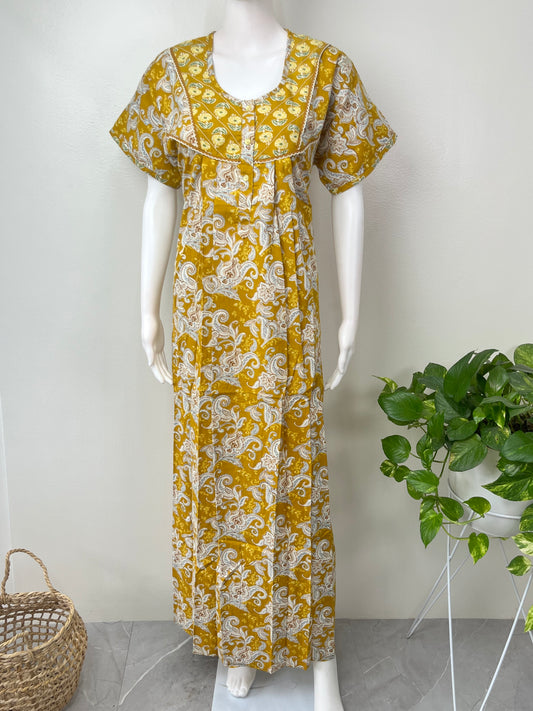 Mustard Floral Pure Cotton Nighty