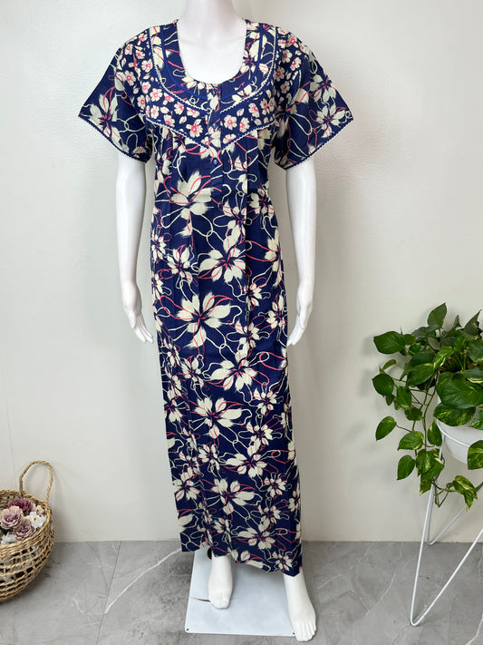 Navy Blue Floral Printed 100% Cotton Nightgown