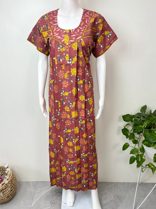 Brown Floral Printed 100% Cotton Nightgown