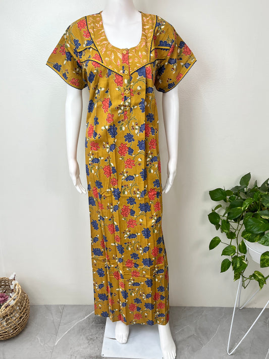Mustard Pleated Cotton Nighty Elegant & Comfortale