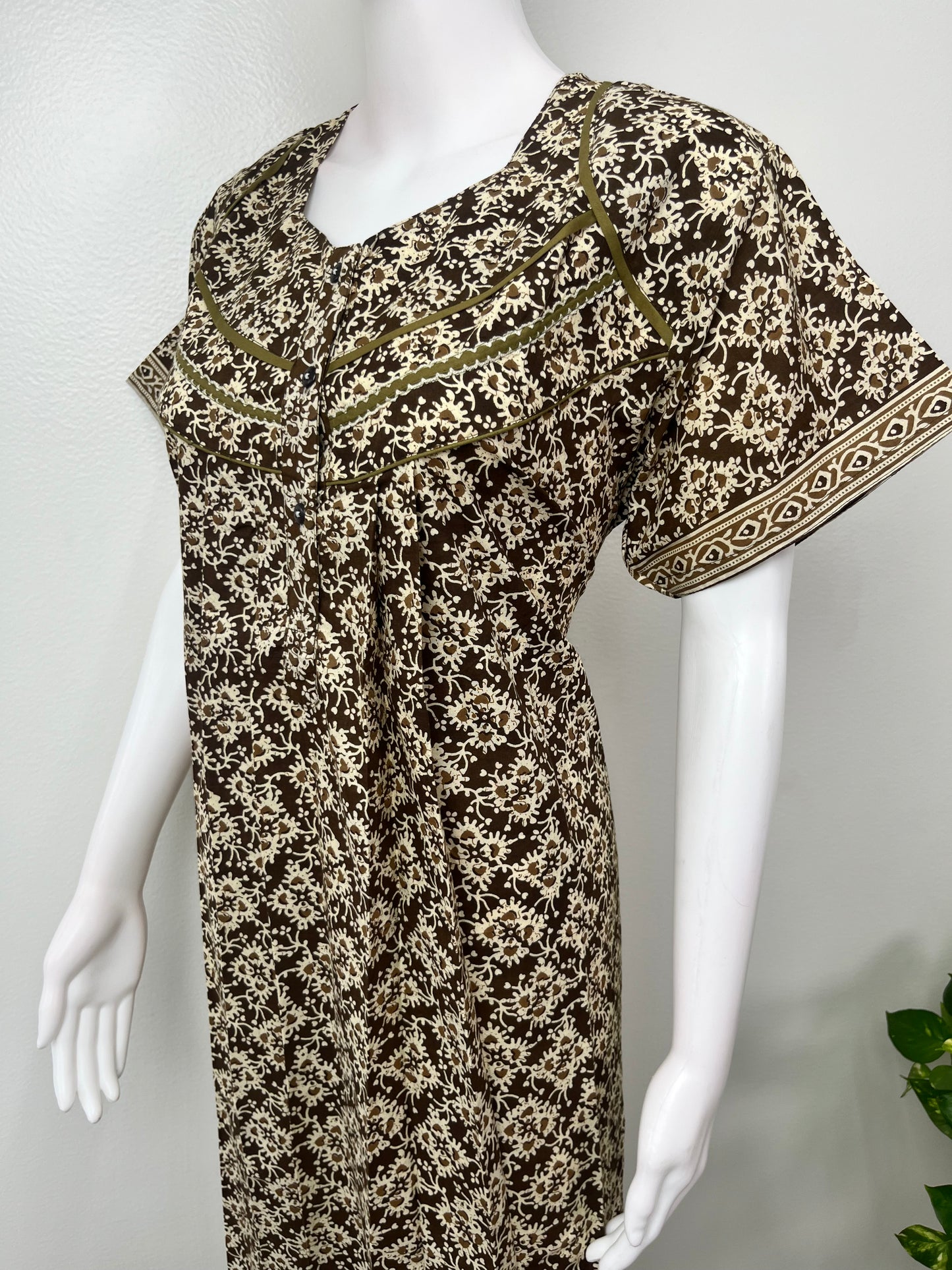 Brown Pleated Cotton Nightgown for Women