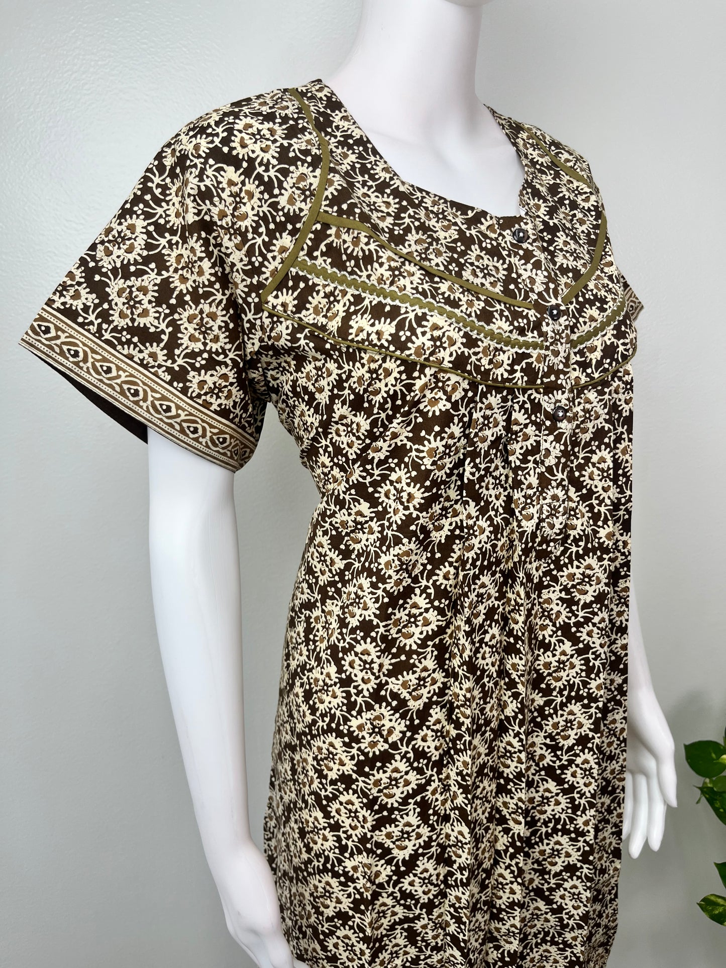 Brown Pleated Cotton Nightgown for Women