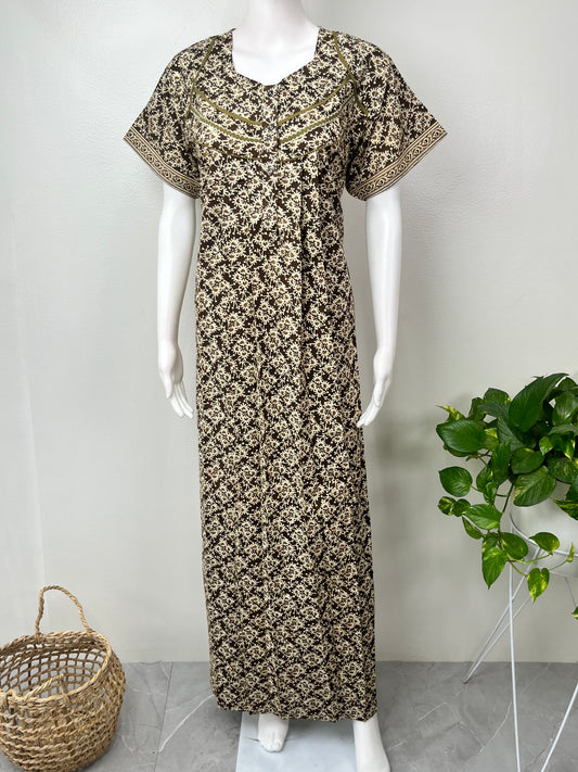 Brown Pleated Cotton Nightgown for Women