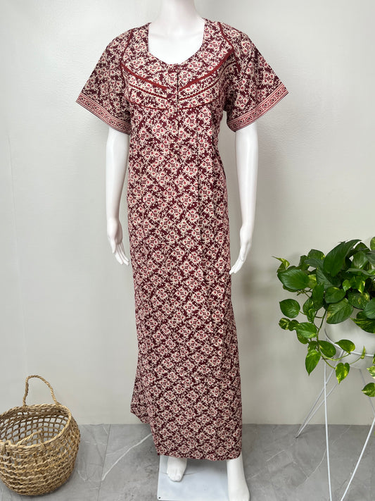 Red Pure Cotton Nightgown Soft & Comfortable