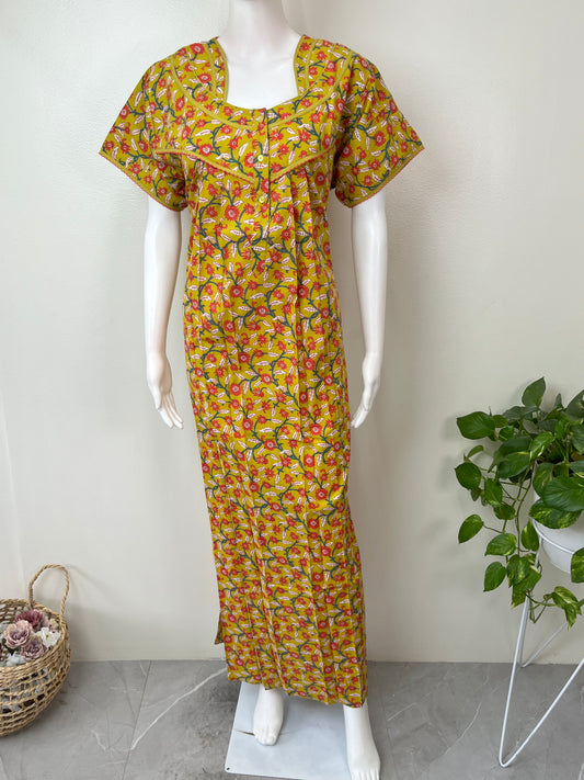 Yellow floral 100% Cotton Nighty for Women