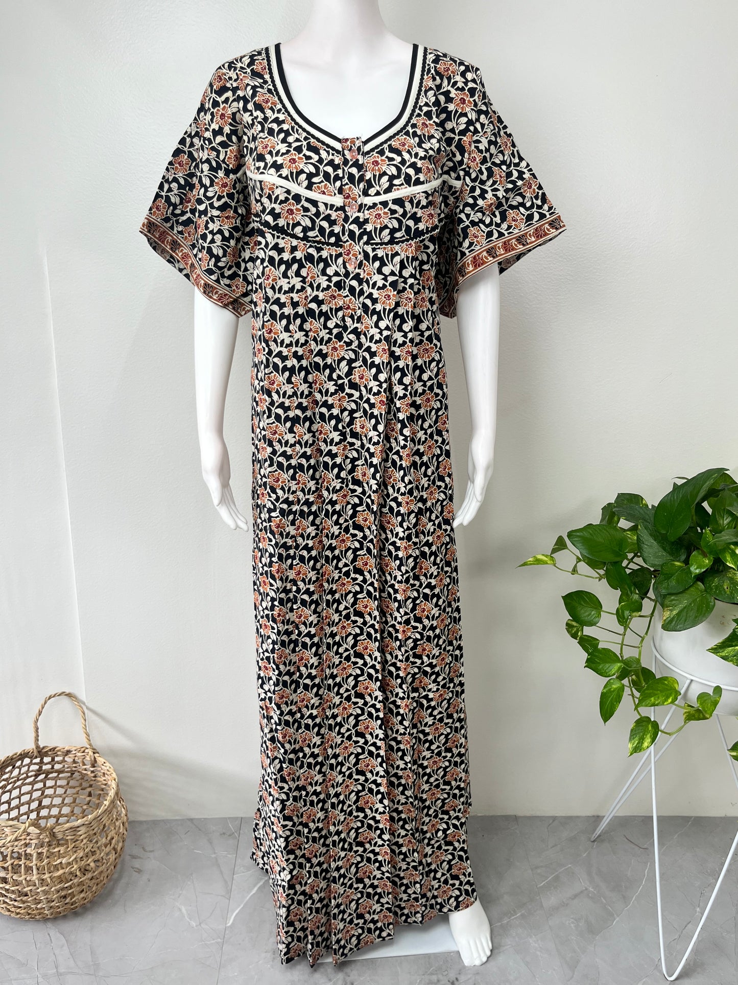 Black Floral Printed Cotton Nightgown for Women