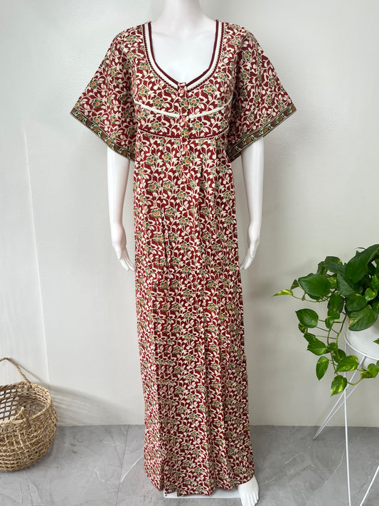 Maroon Pleated 100% Cotton Women's Nighty
