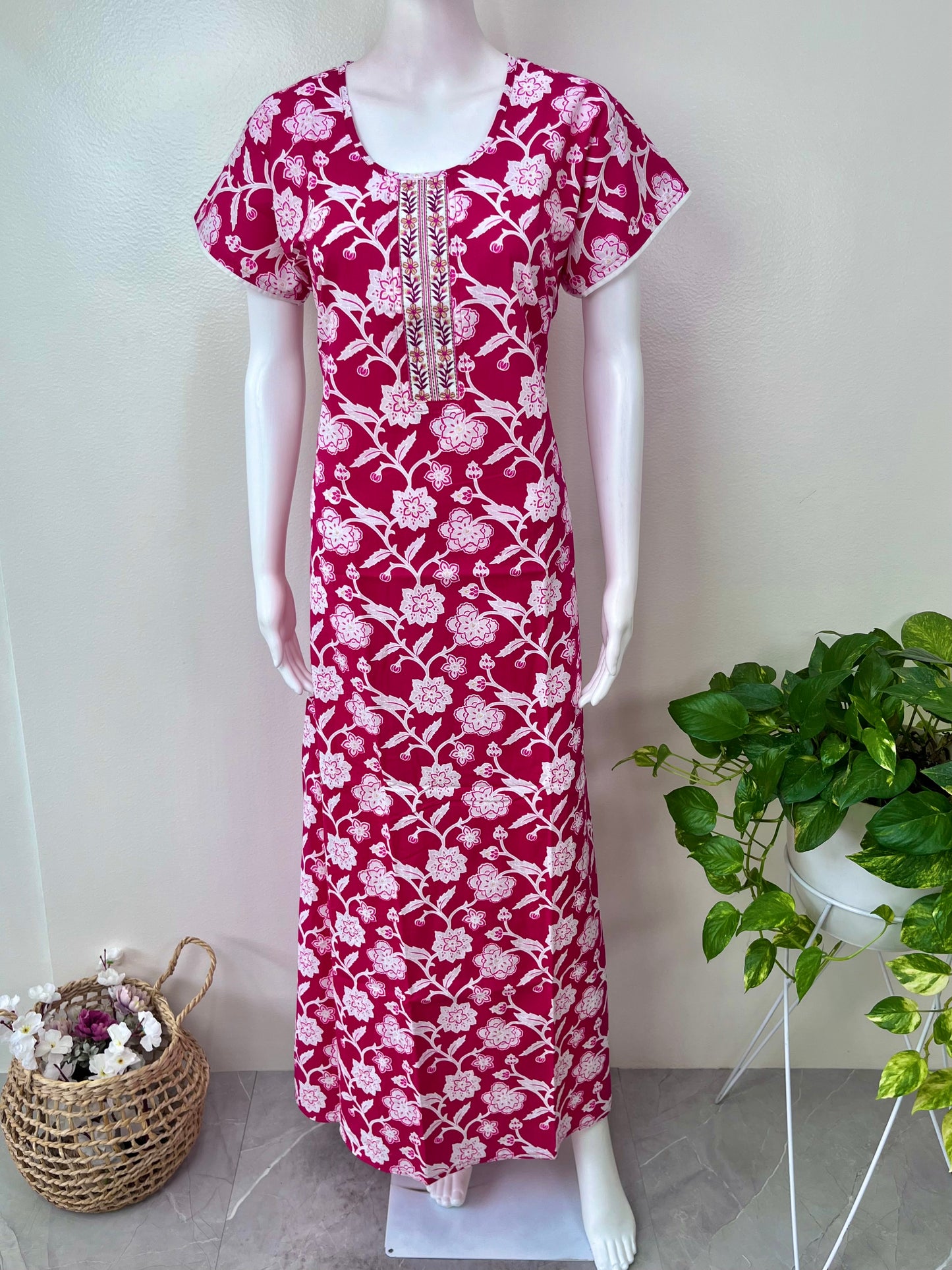Pink Floral Printed Cotton Nighty for Women