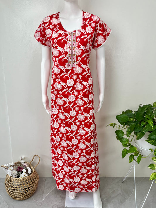 Red Floral Printed Cotton Nightgown for Women