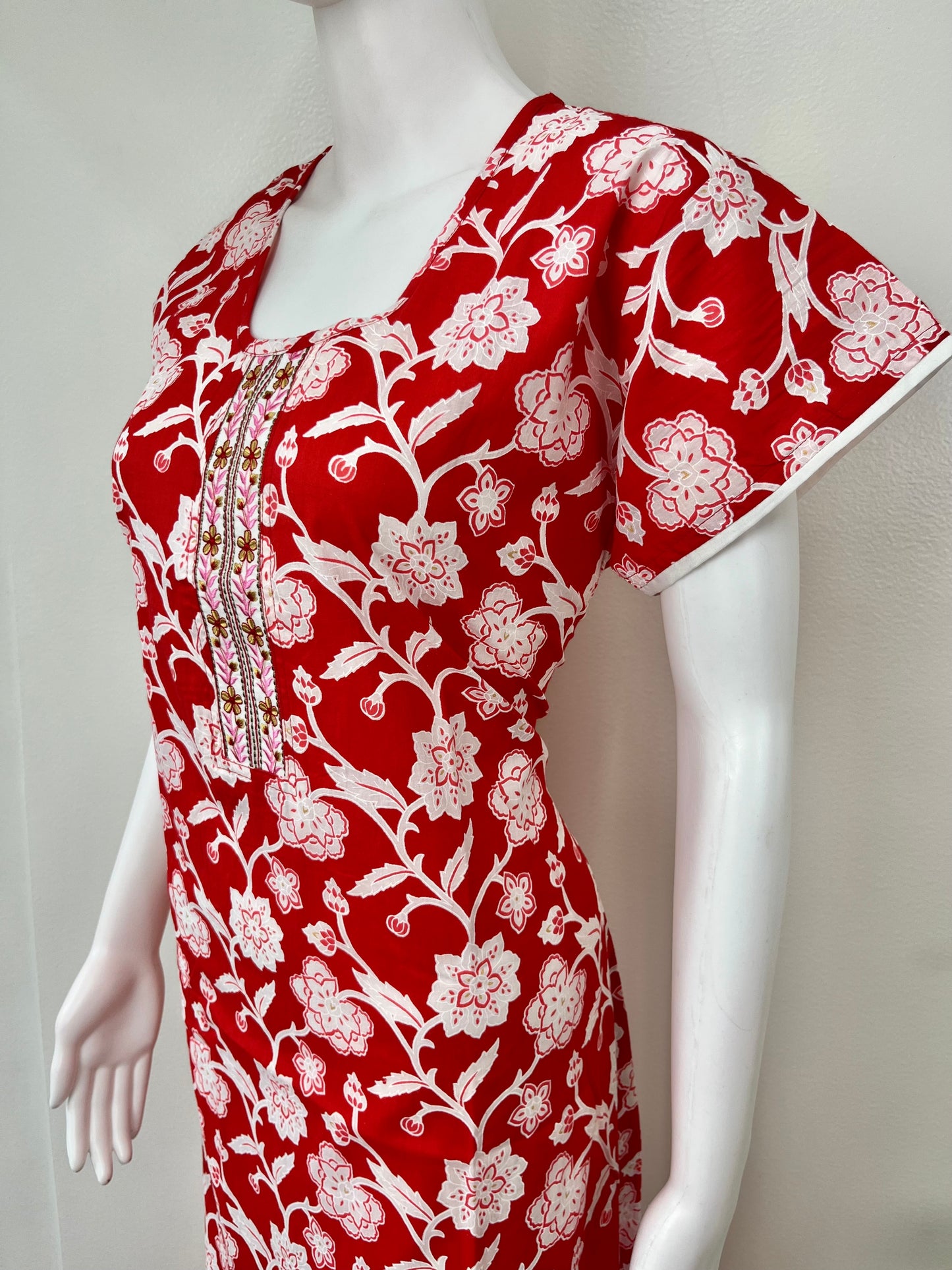 Red Floral Printed Cotton Nightgown for Women