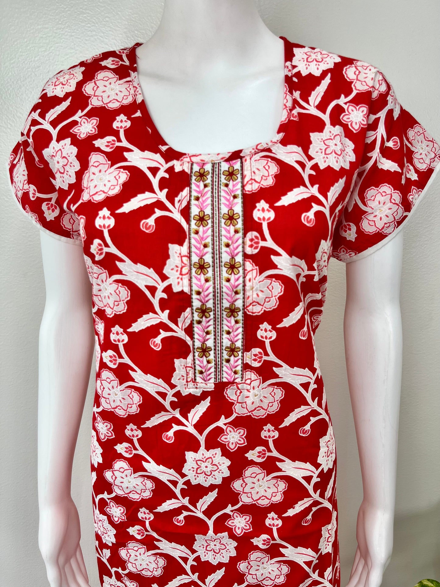 Red Floral Printed Cotton Nightgown for Women