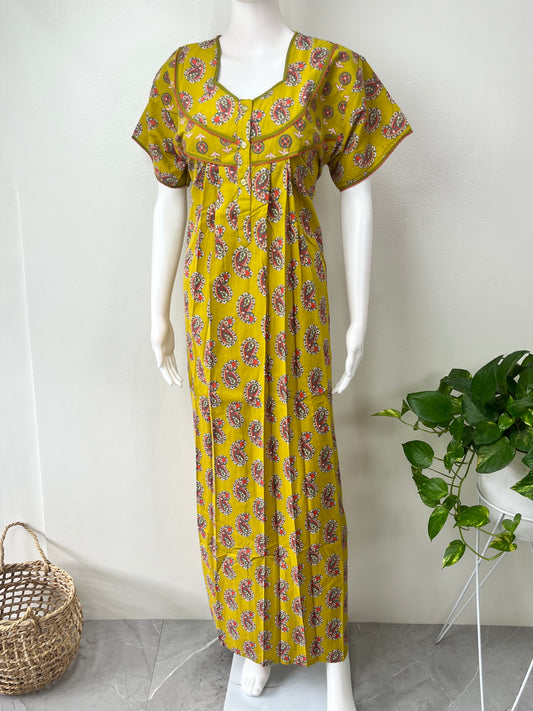 Yellow Pleated 100% Cotton Nighty