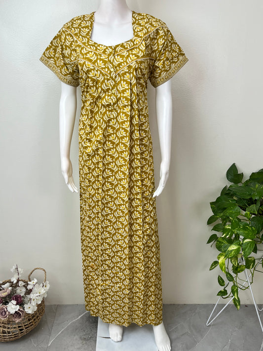 Yellow Pleated Style Pure Cotton Nighty