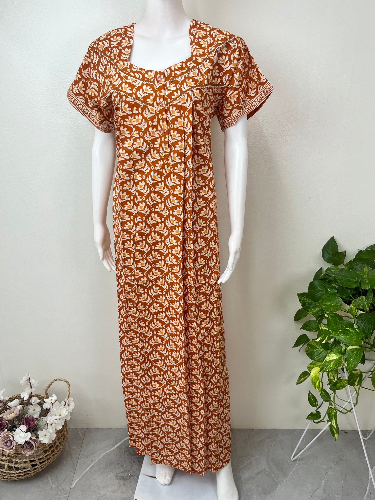 Orange Printed 100% Cotton Nightgown for Women
