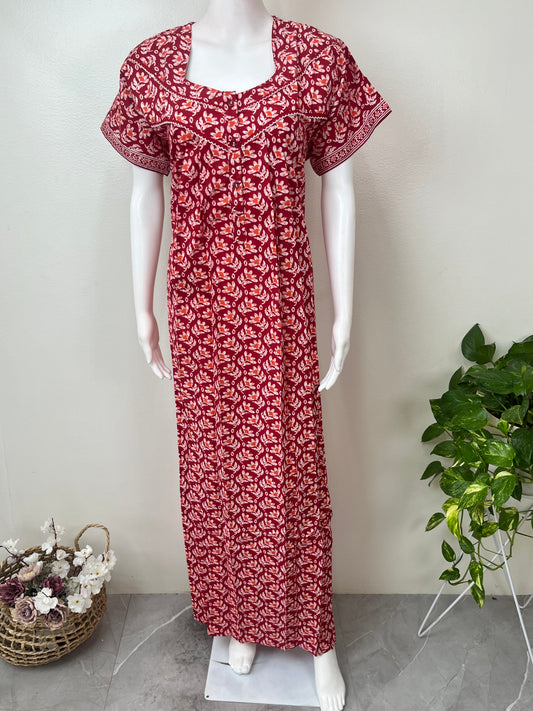 Red Pure Cotton Nightgown Soft & Comfortable