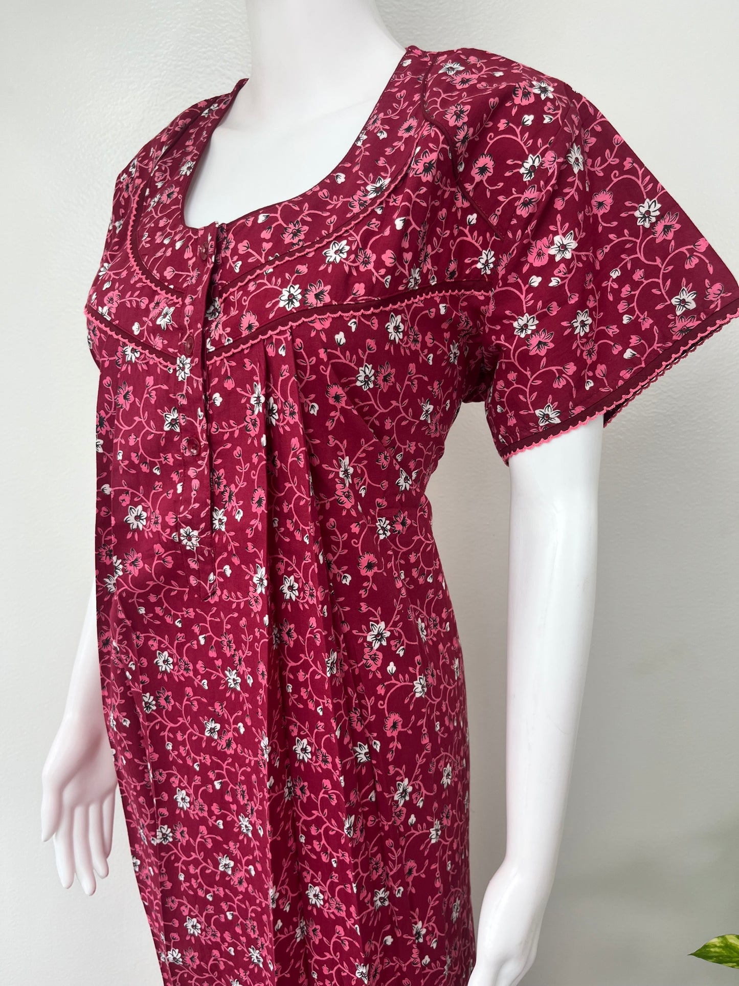 Maroon 100% Cotton Women's Nightgown