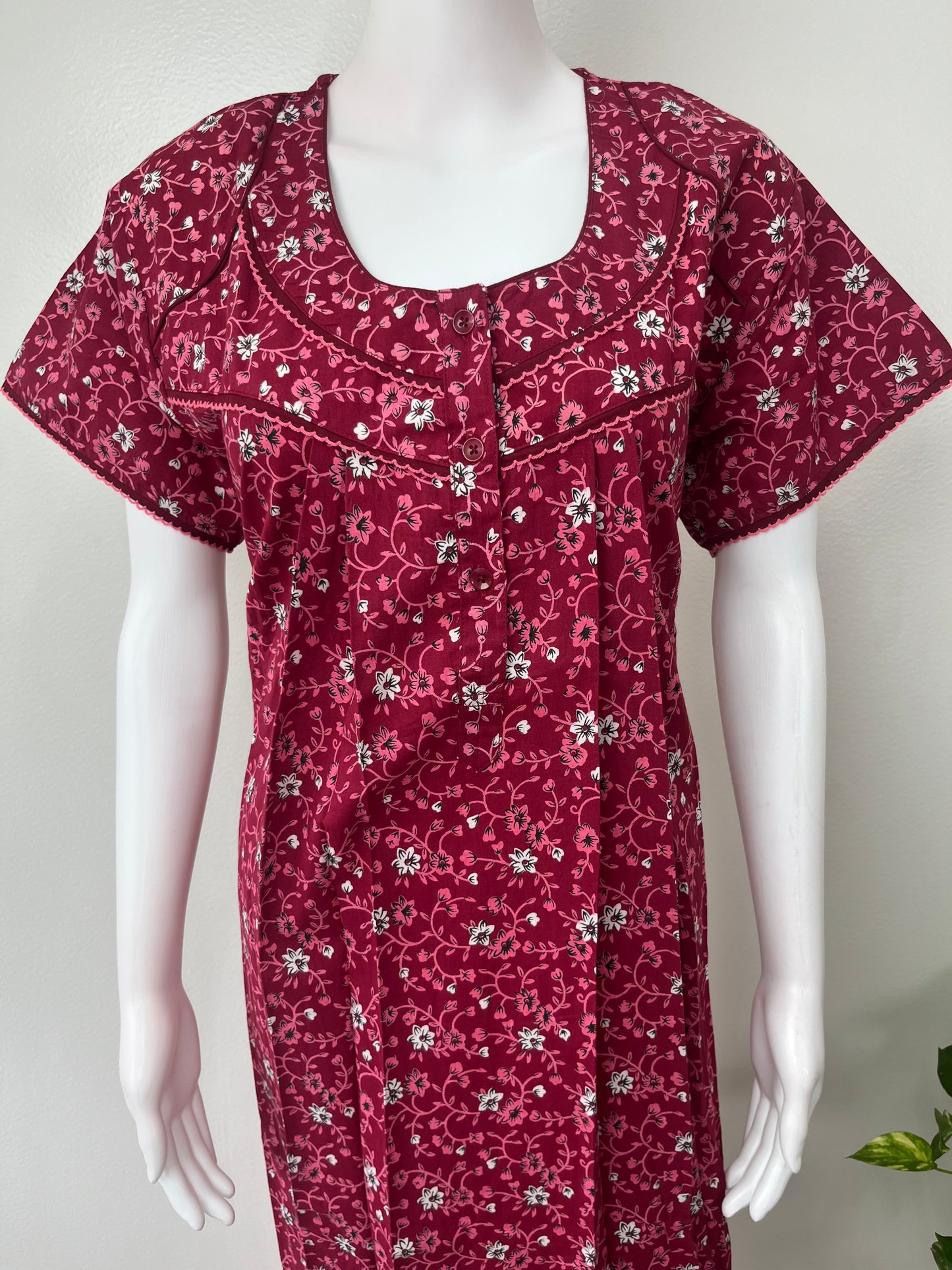 Maroon 100% Cotton Women's Nightgown