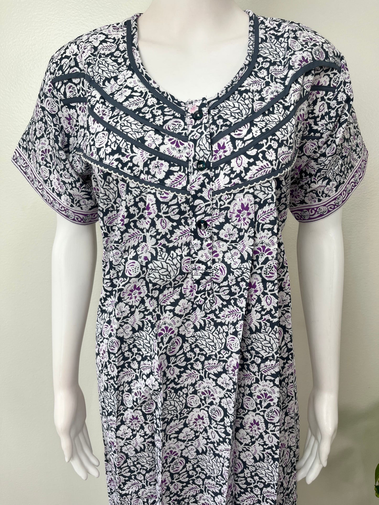 Gray Pure Cotton Nighty with Contrast Print