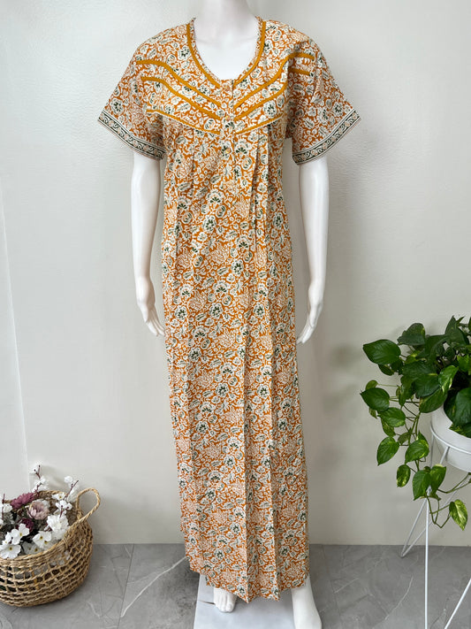 Yellow Pleated 100% Cotton Women's Nightgown