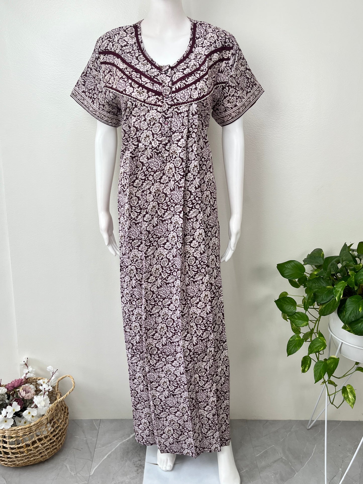 Wine Pleated Style Nightgown for Women