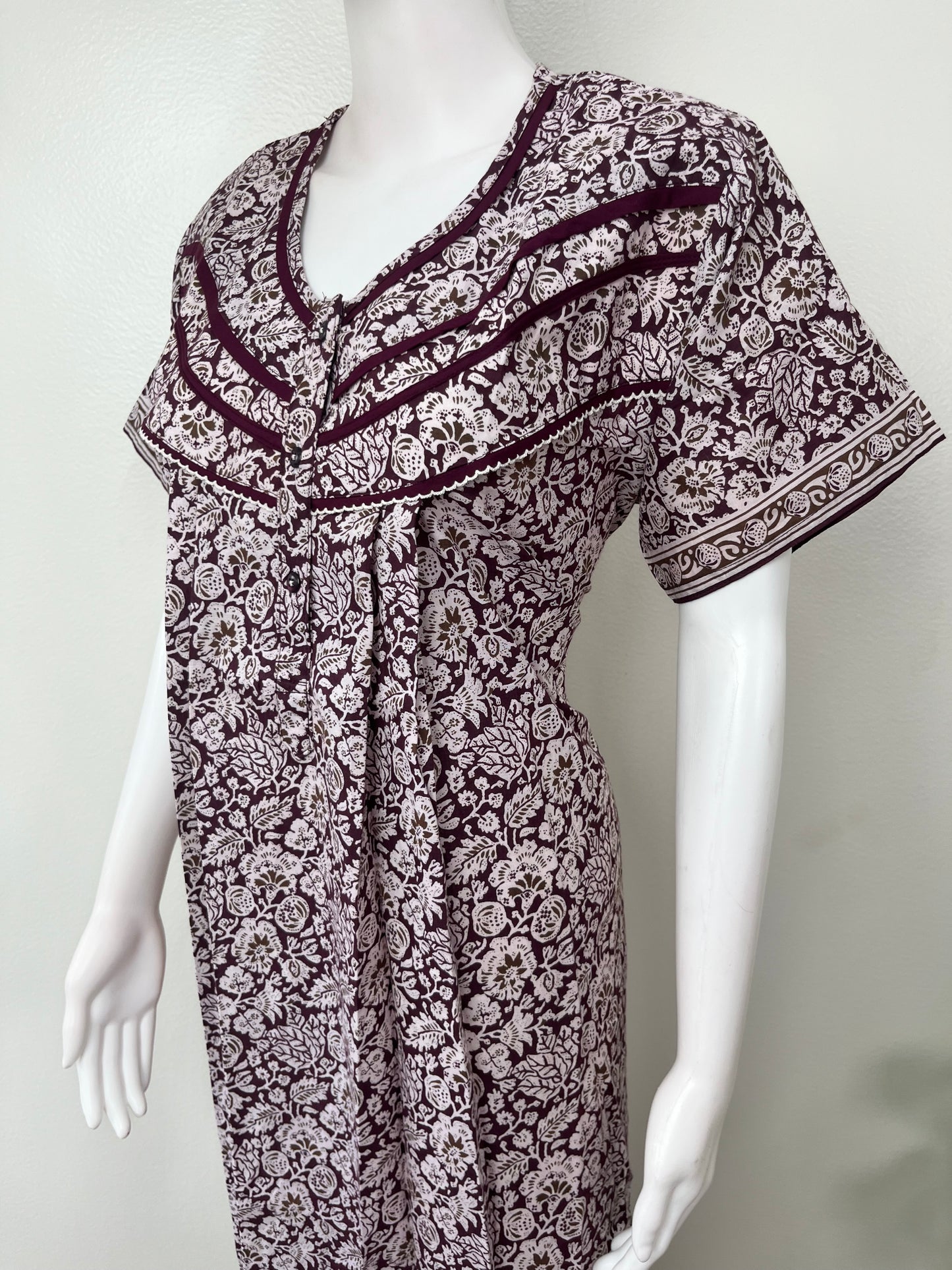 Wine Pleated Style Nightgown for Women