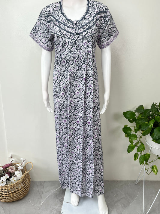 Gray Pure Cotton Nighty with Contrast Print