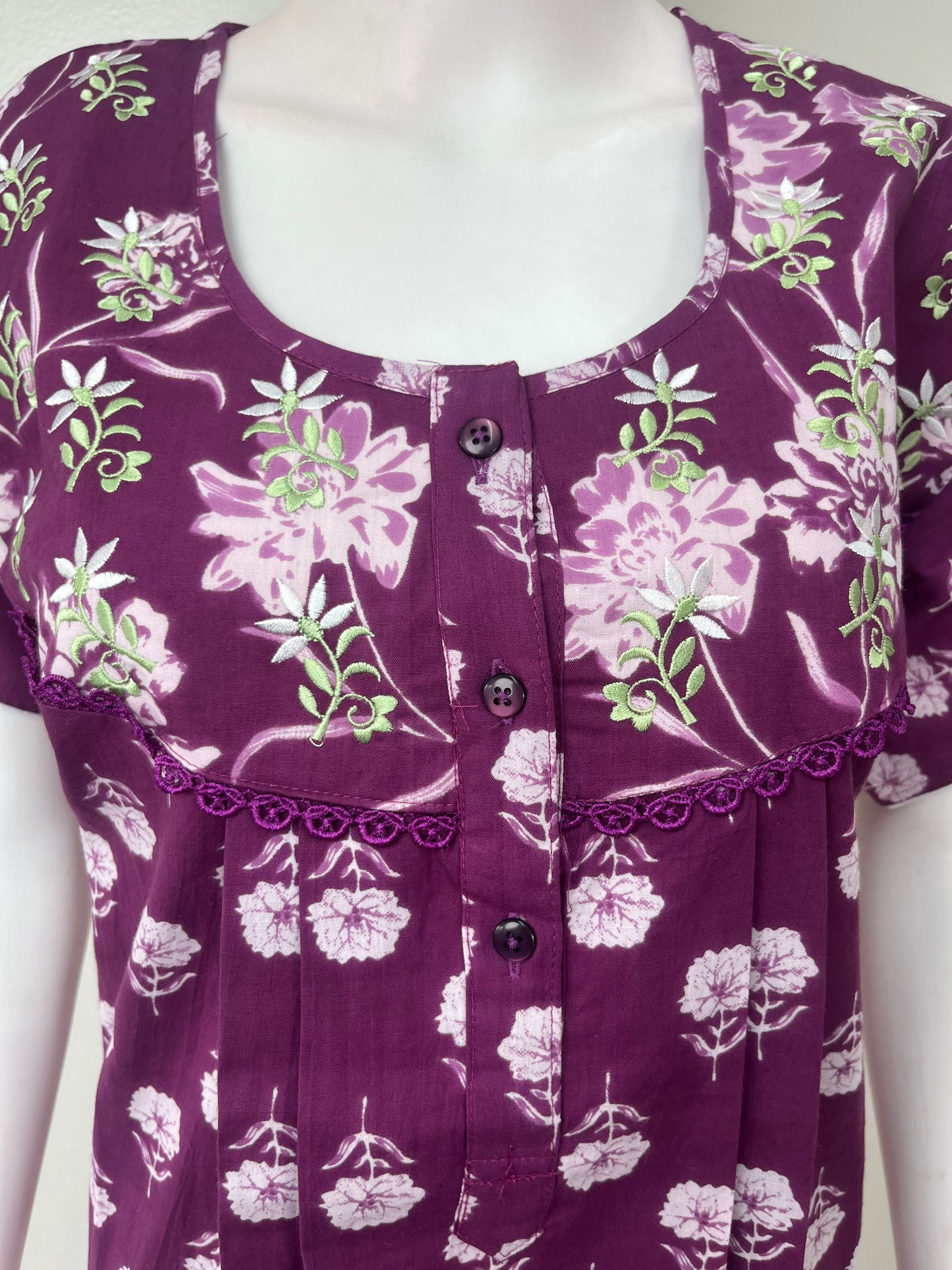 Purple 100% Cotton Embroidered Nighty