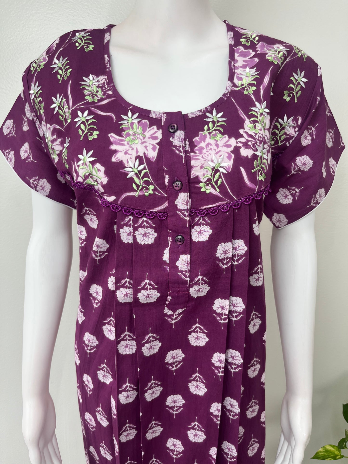 Purple 100% Cotton Embroidered Nighty