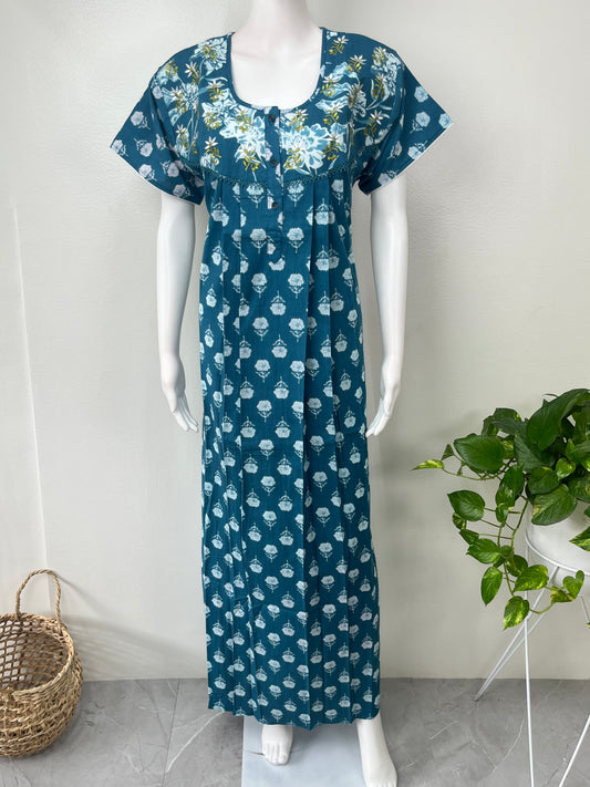 Teal Blue Embroidered Pure Cotton Nightgown