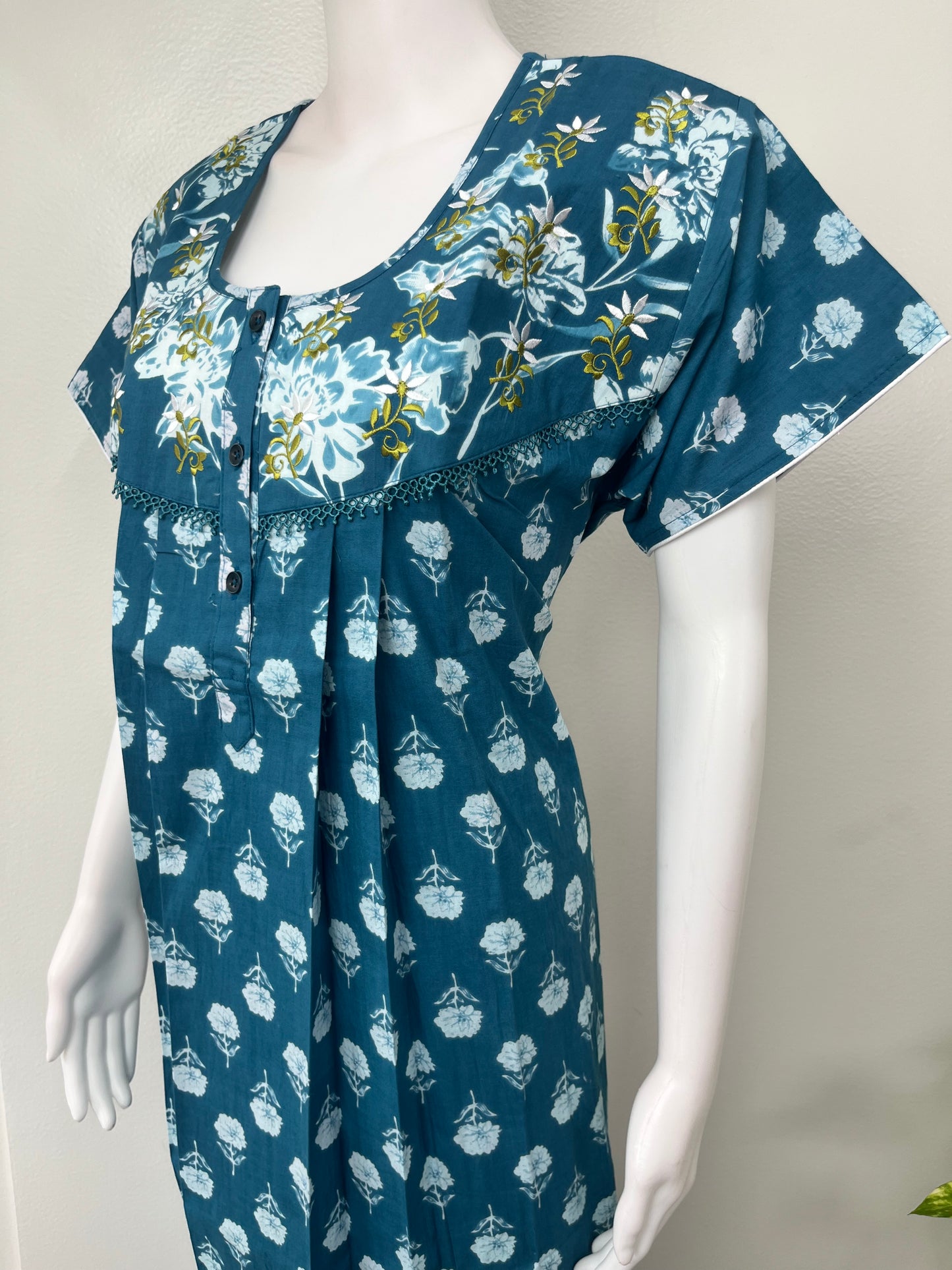 Teal Blue Embroidered Pure Cotton Nightgown