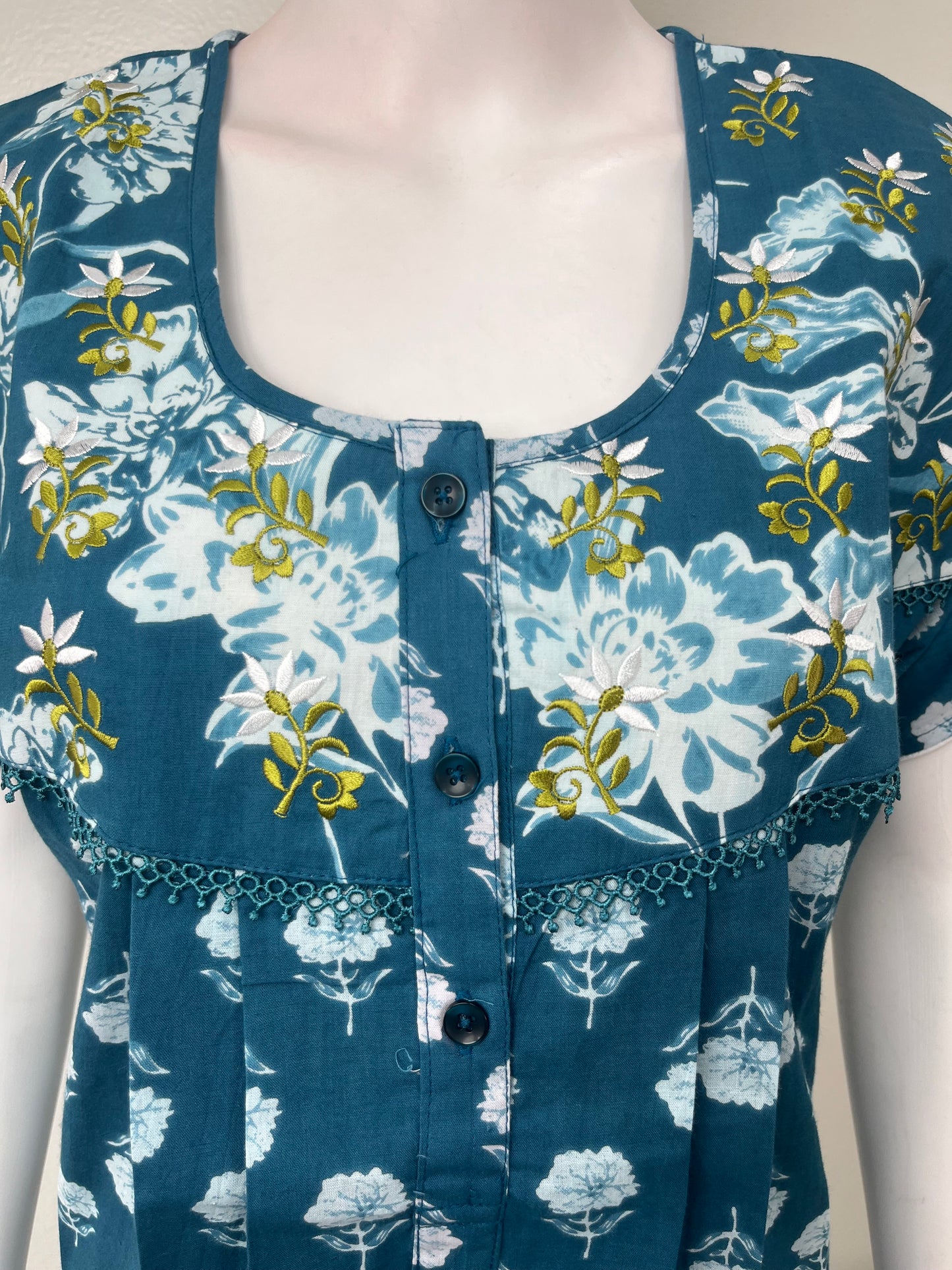 Teal Blue Embroidered Pure Cotton Nightgown