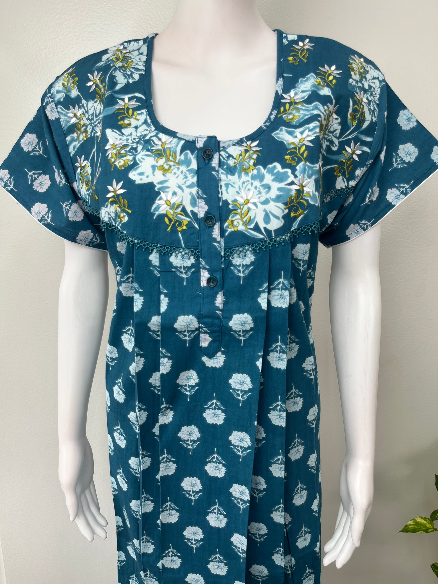 Teal Blue Embroidered Pure Cotton Nightgown