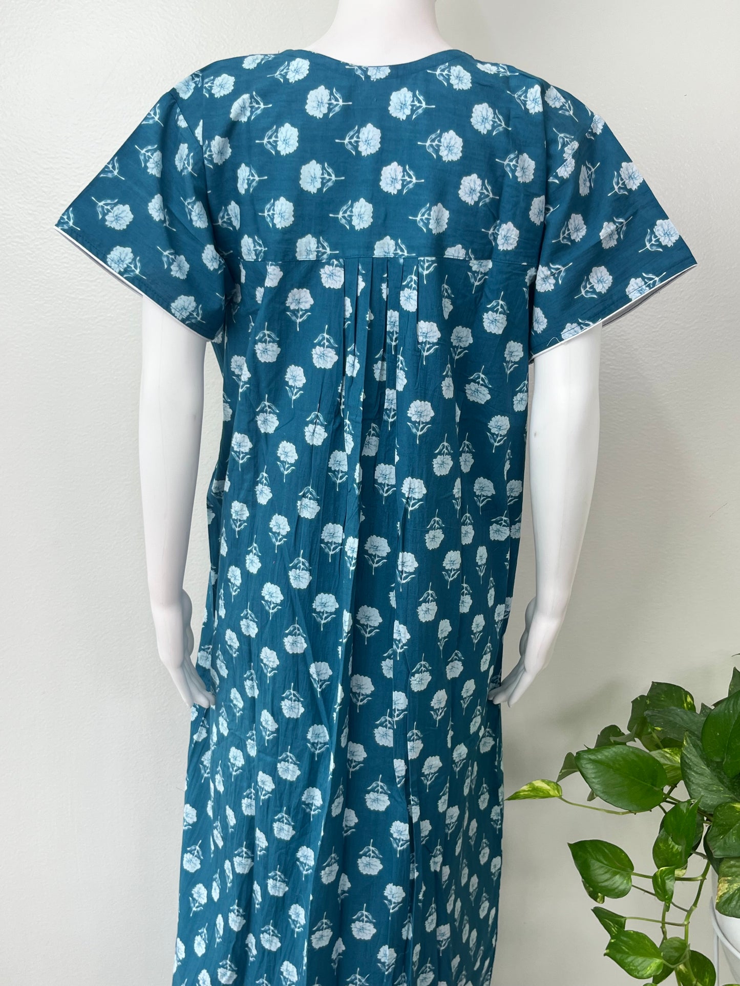 Teal Blue Embroidered Pure Cotton Nightgown
