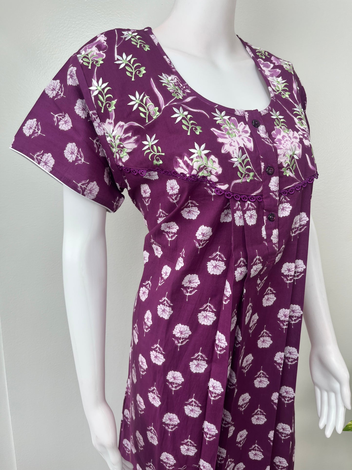 Purple 100% Cotton Embroidered Nighty
