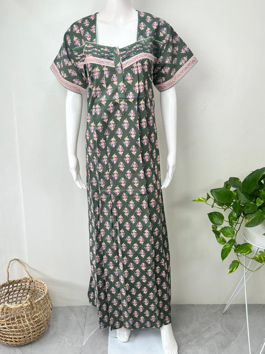 Olive Green Pleated Cotton Nighty Soft & Comfortable