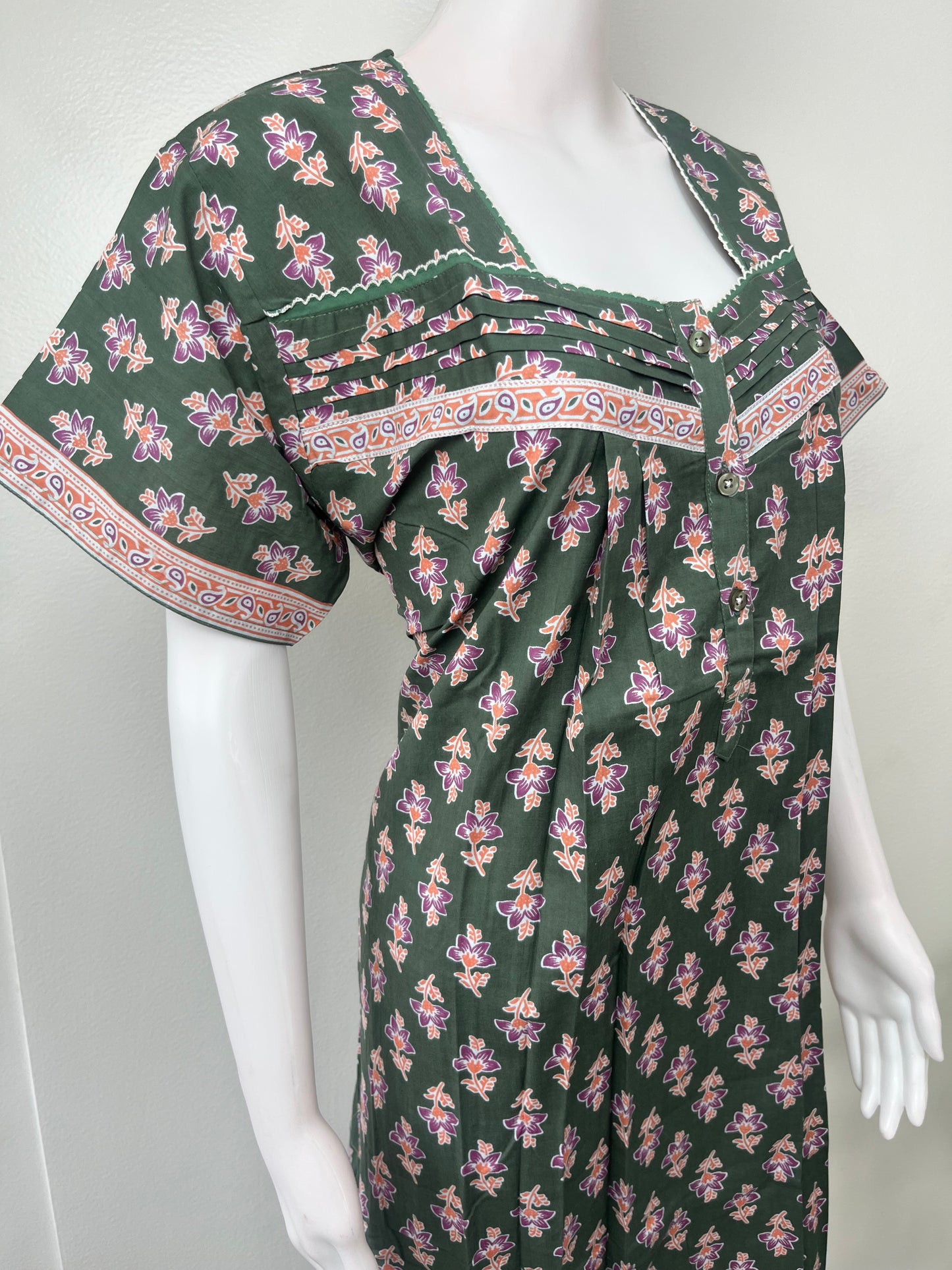 Olive Green Pleated Cotton Nighty Soft & Comfortable